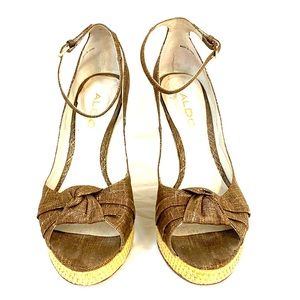 Aldo Brown, Gold, Straw Wedge Ankle Strap Shoes